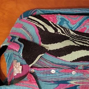 Alberto Makali button front vibrant pattern sequin blouse size XL